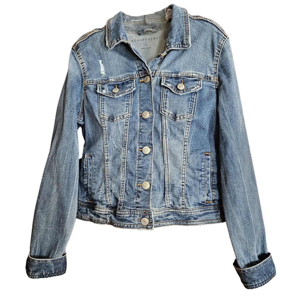 Aeropostale Junior Women's Light bleached blue distress denim jean jacket Large